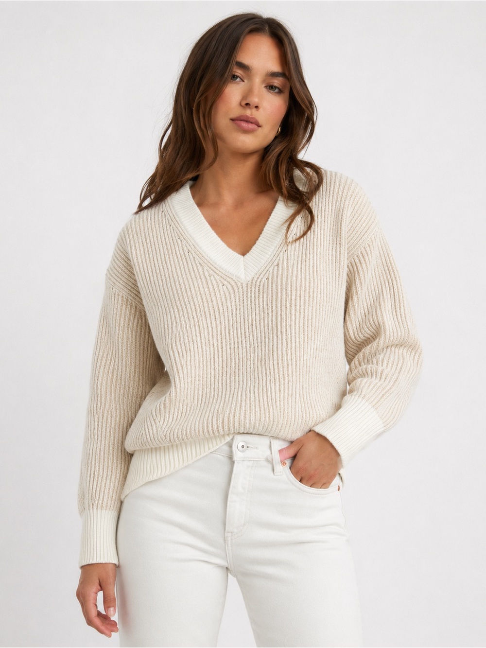Aerie Cropped Striped Balloon Sleeve V-Neck Ribbed Knit Sweater S Beige Lounge